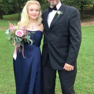 Navy blue David’s bridal dress